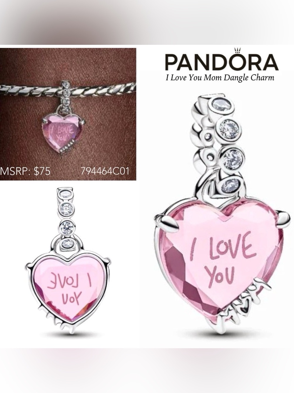 PANDORA I Love You Mom Dangle Charm w/box